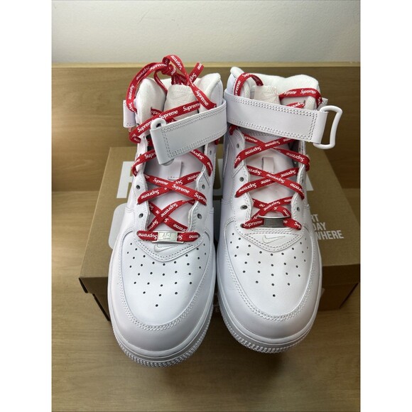 Size 9 - Nike Supreme x Air Force 1 Mid Box Logo - Triple White - Pink Supreme main image 16